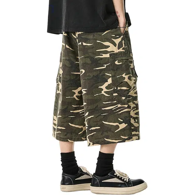 米素力 复古迷彩宽松工装裤中腰七分裤休闲短裤 男款