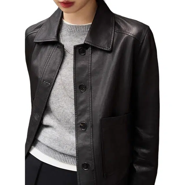 比利斯山羊 时尚休闲翻领短款双口袋真皮皮衣 女款