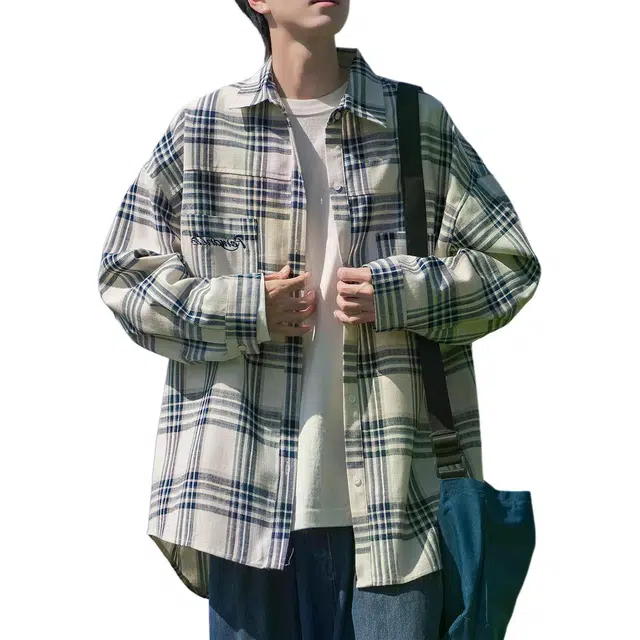 地界二 美式街头潮牌长袖格子男秋季复古宽松休闲百搭格纹衬衣外套复古宽松休闲格子潮衬衫 男款