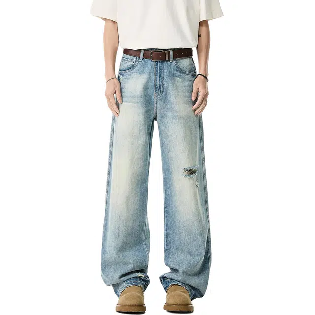 米素力 破洞夏季薄款宽松中腰长裤牛仔裤 男款