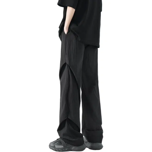 木林森 美式高街复古廊形弯刀阔腿时尚潮流设计感简约褶皱宽松直筒嘻哈街头日常户外通勤个性痞帅百搭系带休闲裤 男女同款