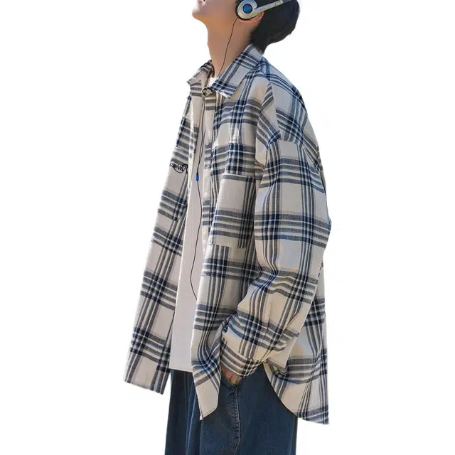 地界二 美式街头潮牌长袖格子男秋季复古宽松休闲百搭格纹衬衣外套复古宽松休闲格子潮衬衫 男款