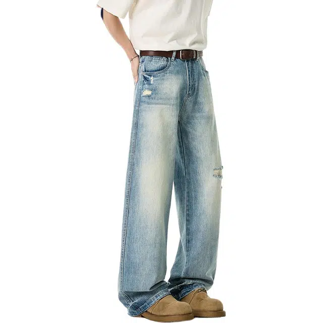 米素力 破洞夏季薄款宽松中腰长裤牛仔裤 男款