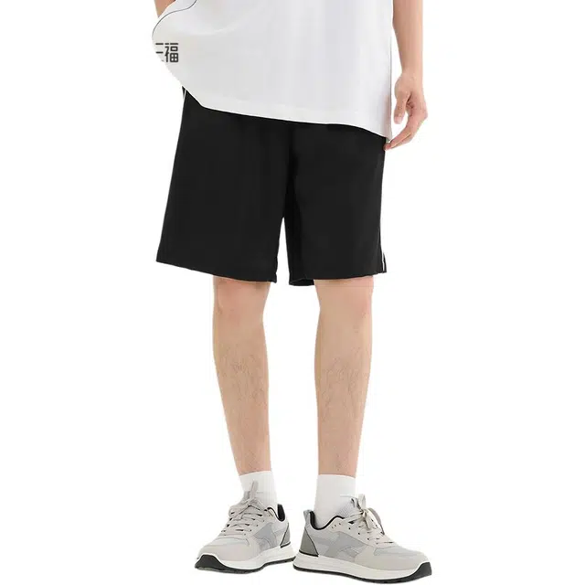 三福 运动风宽松橡筋腰直筒裤中腰五分休闲短裤 男款