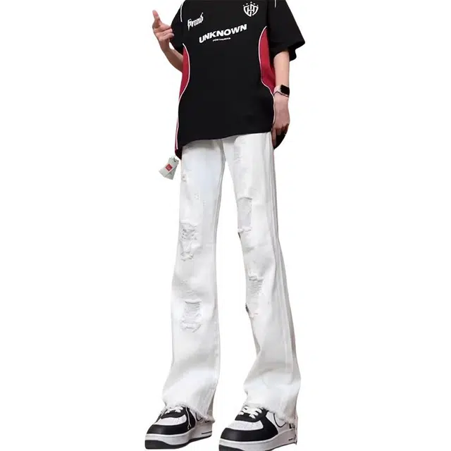 北极绒 破洞高街痞帅美式修身显瘦阔腿长裤牛仔裤 男款