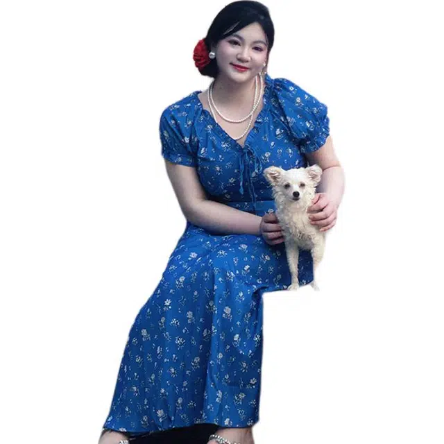 哒头下雨不愁 修身显瘦印花斜领长袖连衣裙 女款 蓝色
