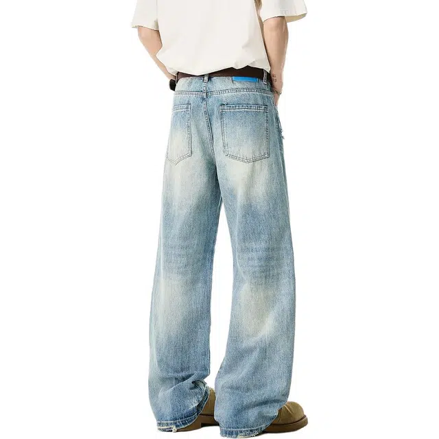 米素力 破洞夏季薄款宽松中腰长裤牛仔裤 男款