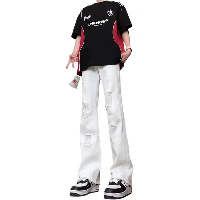 北极绒 破洞高街痞帅美式修身显瘦阔腿长裤牛仔裤 男款