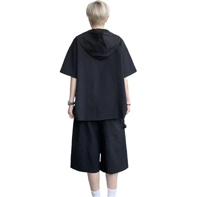 加荣 美式冰丝速干肌理感连帽短袖夏季轻薄透气潮牌青少年户外出行通勤百搭小众设计感大码休闲衬衫 男女同款