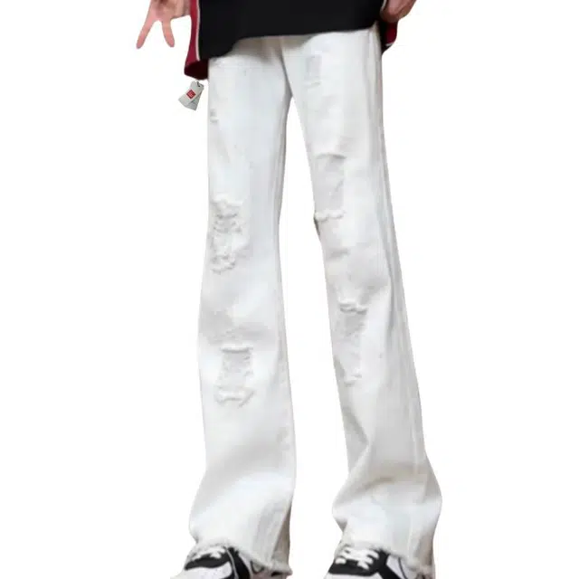 北极绒 破洞高街痞帅美式修身显瘦阔腿长裤牛仔裤 男款