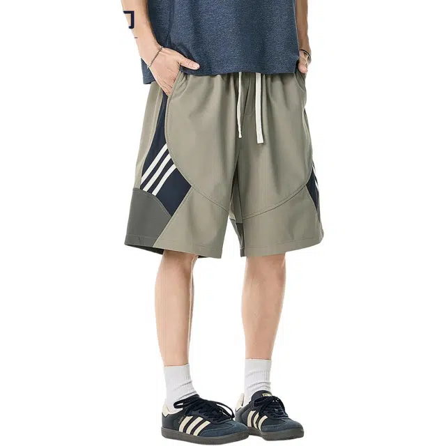 米素力 透气夏季薄款条纹休闲裤中腰五分裤篮球裤 男款