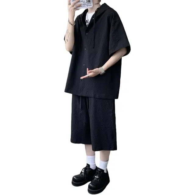 加荣 美式冰丝速干肌理感连帽短袖夏季轻薄透气潮牌青少年户外出行通勤百搭小众设计感大码休闲衬衫 男女同款