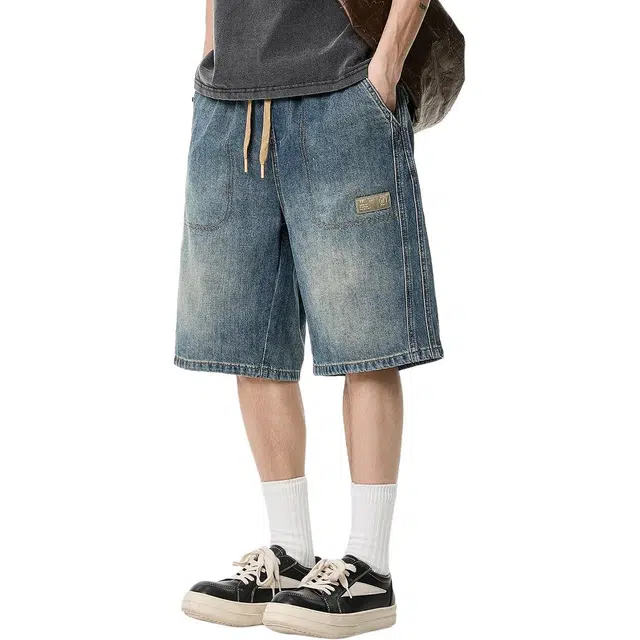 米素力 高端水洗做旧渐变直筒裤中腰牛仔短裤 男款