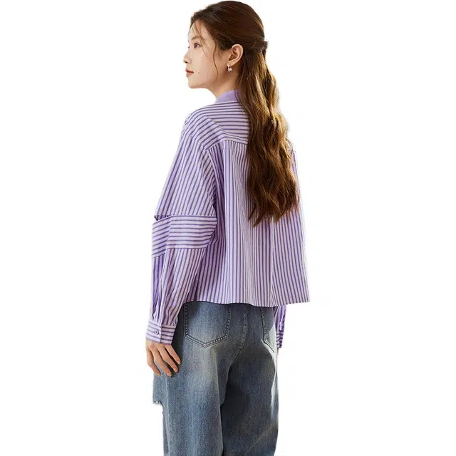 熙然 休闲拼接条纹翻领长袖衬衫 女款