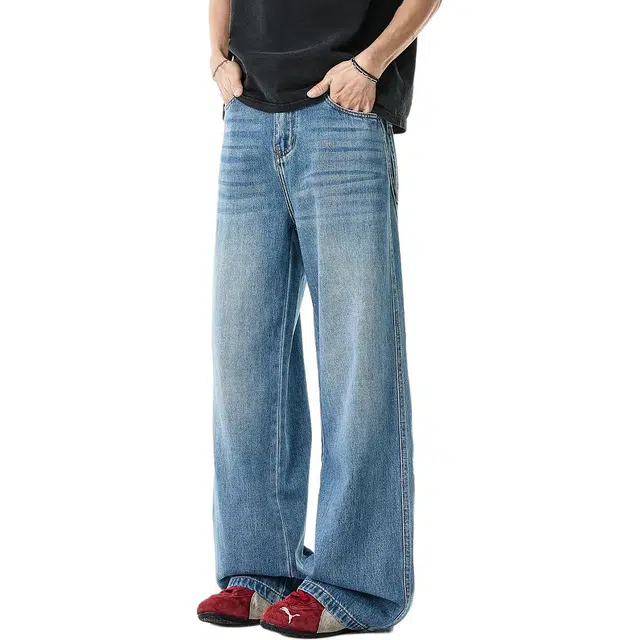 米素力 天丝微喇叭高级感宽松中腰长裤牛仔裤 男款