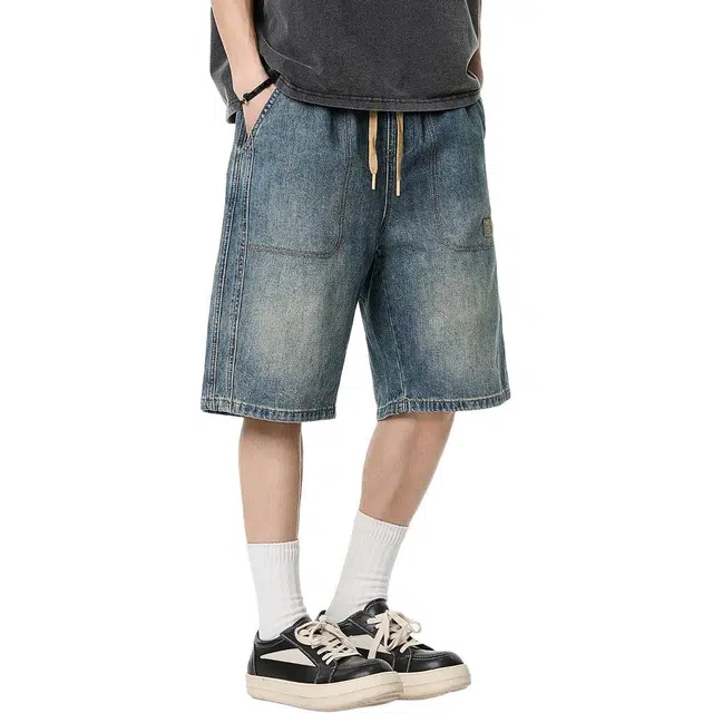 米素力 高端水洗做旧渐变直筒裤中腰牛仔短裤 男款