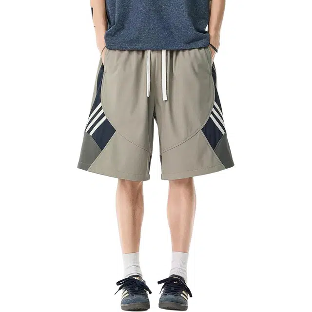 米素力 透气夏季薄款条纹休闲裤中腰五分裤篮球裤 男款