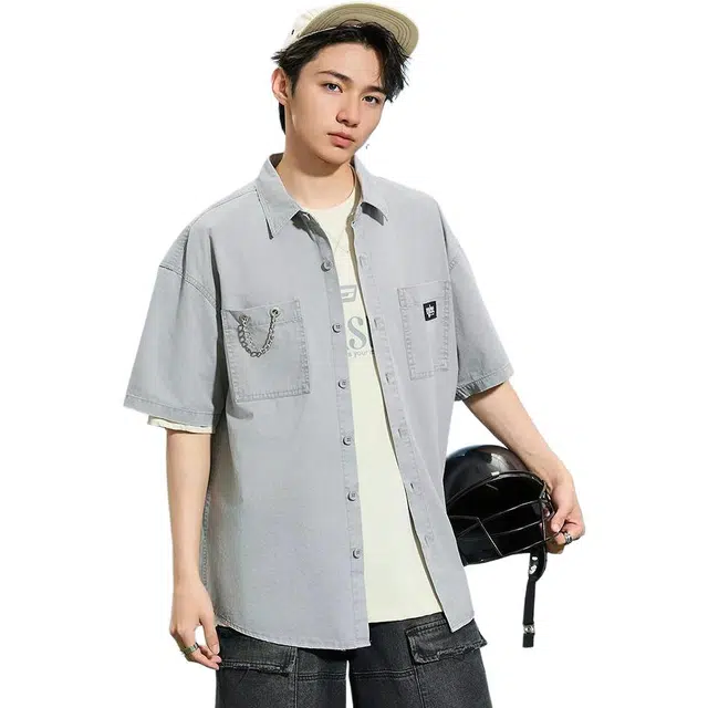 三福 净色简潮短款翻领短袖衬衫 男款