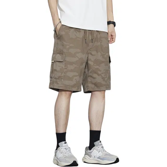 加荣 迷彩冰丝男士夏季轻薄透气潮牌青少年户外出行百搭男裤小众设计感抽绳松紧腰直筒五分中裤外穿工装短裤 男女同款