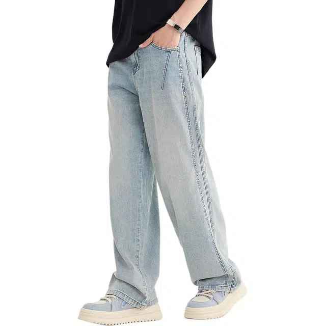 三福 打褶侧分割阔腿长裤牛仔裤 男款