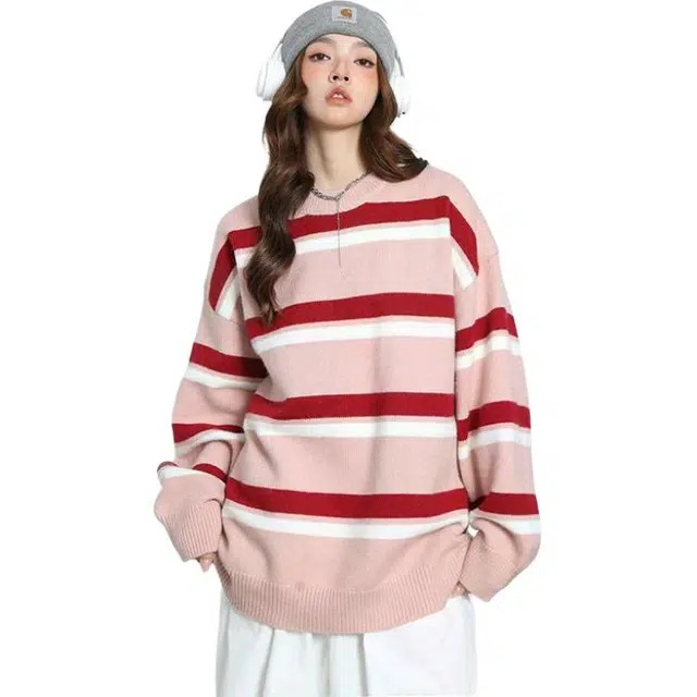 欧迪芬 秋冬季潮牌条纹打底衫内搭毛线衣服复古撞色宽松百搭柔软舒适保暖毛衣 女款