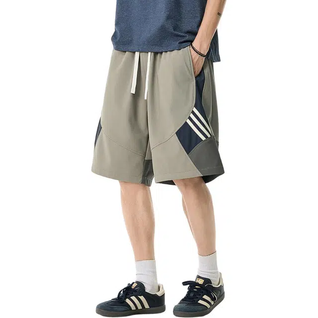 米素力 透气夏季薄款条纹休闲裤中腰五分裤篮球裤 男款