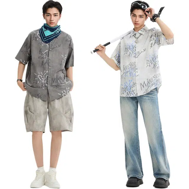 三福 满版印花街头时尚翻领短袖衬衫 男款