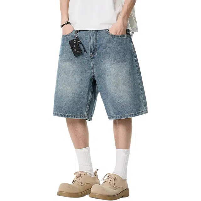 米素力 复古水洗潮流字母/数字/文字直筒裤中腰牛仔短裤 男款