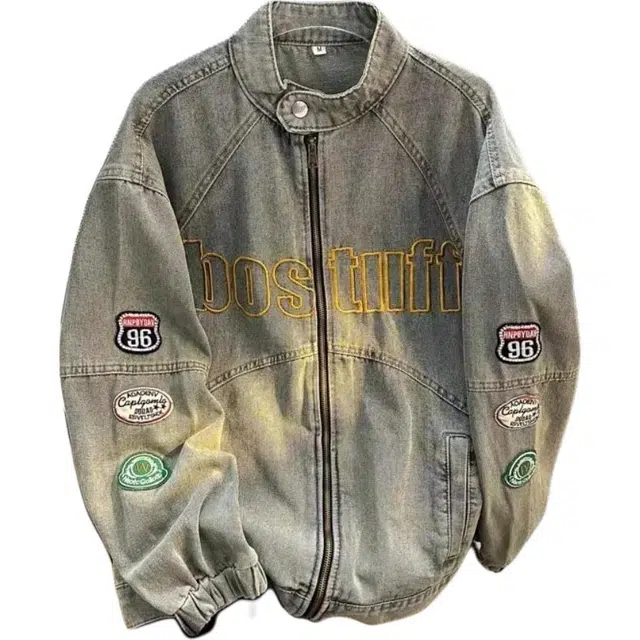 北极绒 潮牌刺绣高级感短款机车服夹克上衣刺绣高级感短款字母落肩袖长袖翻领宽松型美式牛仔外套 男款