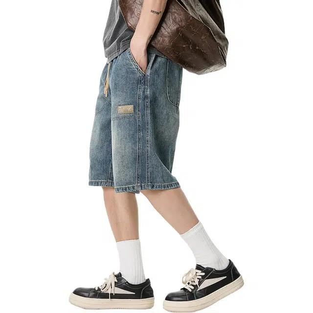 米素力 高端水洗做旧渐变直筒裤中腰牛仔短裤 男款