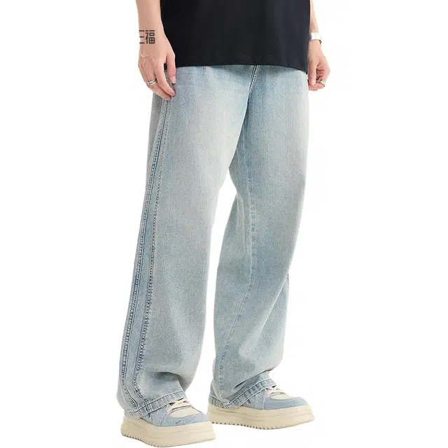 三福 打褶侧分割阔腿长裤牛仔裤 男款