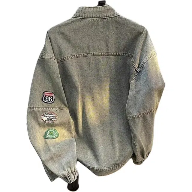 北极绒 潮牌刺绣高级感短款机车服夹克上衣刺绣高级感短款字母落肩袖长袖翻领宽松型美式牛仔外套 男款