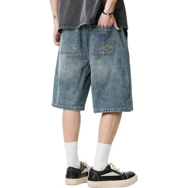 米素力 高端水洗做旧渐变直筒裤中腰牛仔短裤 男款