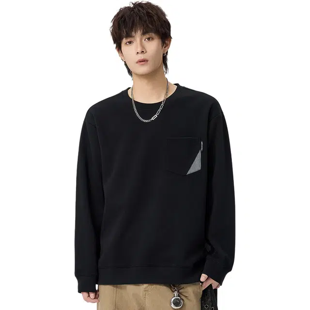 米素力 简约休闲宽松拼色落肩袖套头卫衣 男女同款