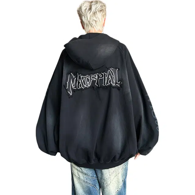 地界二 美式废土做脏连帽潮牌复古哥特字母宽松复古哥特字母文字长袖夹克外套 男款