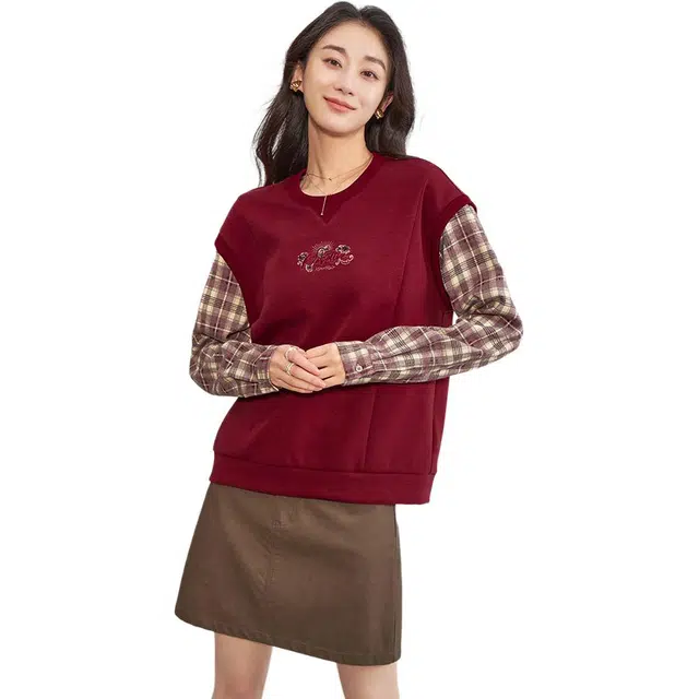 熙然 拼接圆领拼色常规长袖卫衣 女款