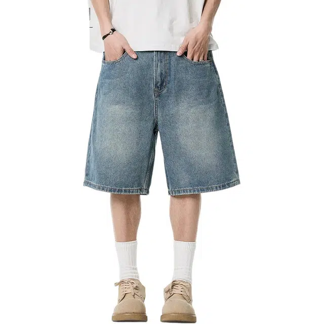 米素力 复古水洗潮流字母/数字/文字直筒裤中腰牛仔短裤 男款