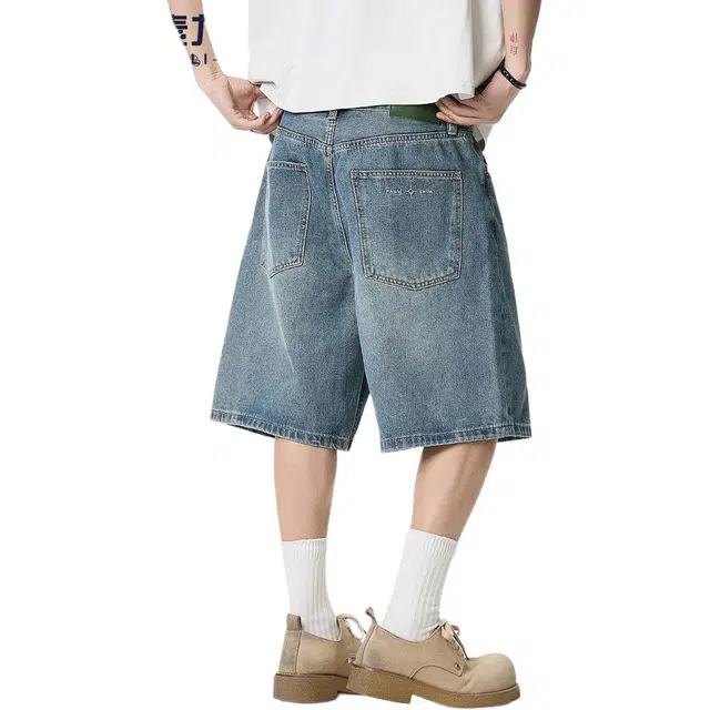 米素力 复古水洗潮流字母/数字/文字直筒裤中腰牛仔短裤 男款