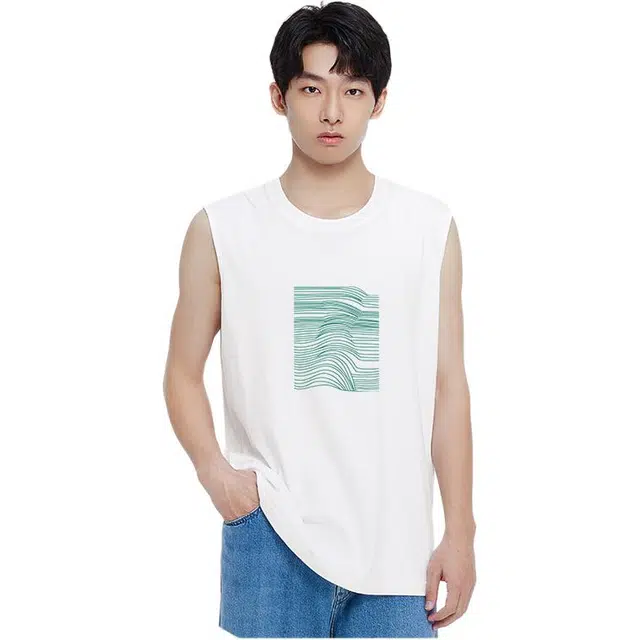 棉的美学 线条印花休闲无袖落肩袖圆领宽松型背心 男女同款
