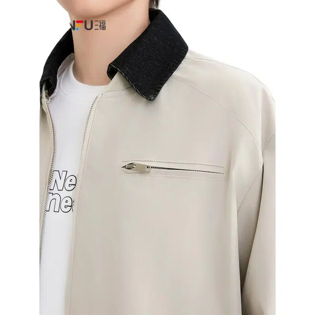 三福 巴恩风翻领工装纯色常规长袖翻领宽松夹克外套 男款