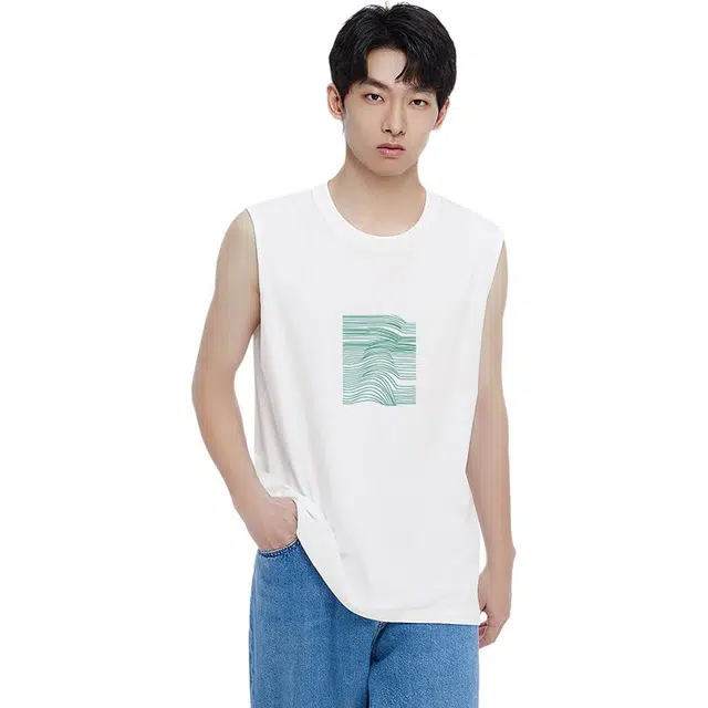 棉的美学 线条印花休闲无袖落肩袖圆领宽松型背心 男女同款