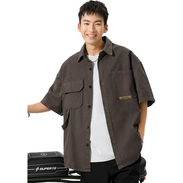 米素力 纯棉轻奢高级感纯色落肩袖短袖翻领宽松型衬衫 男款