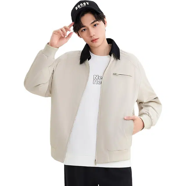 三福 巴恩风翻领工装纯色常规长袖翻领宽松夹克外套 男款