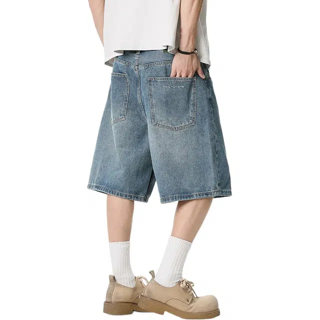 米素力 复古水洗潮流字母/数字/文字直筒裤中腰牛仔短裤 男款