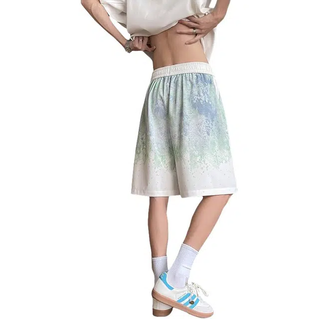 加荣 美式扎染渐变冰丝男夏季轻薄透气潮牌青少年户外出行百搭男裤宽松小众设计感抽绳松紧腰直筒休闲短裤 男女同款