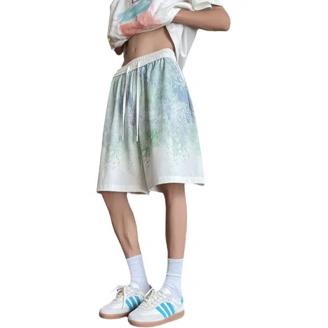 加荣 美式扎染渐变冰丝男夏季轻薄透气潮牌青少年户外出行百搭男裤宽松小众设计感抽绳松紧腰直筒休闲短裤 男女同款