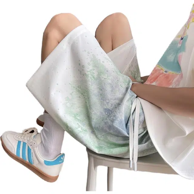 加荣 美式扎染渐变冰丝男夏季轻薄透气潮牌青少年户外出行百搭男裤宽松小众设计感抽绳松紧腰直筒休闲短裤 男女同款