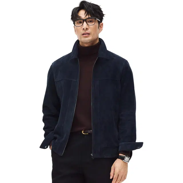 丹宁哲学 高档新西兰反绒绵羊皮纯色长袖翻领直筒型皮衣 男款