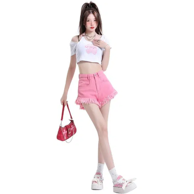 囍鱼少女 时尚通勤简约百搭牛仔短裤 女款