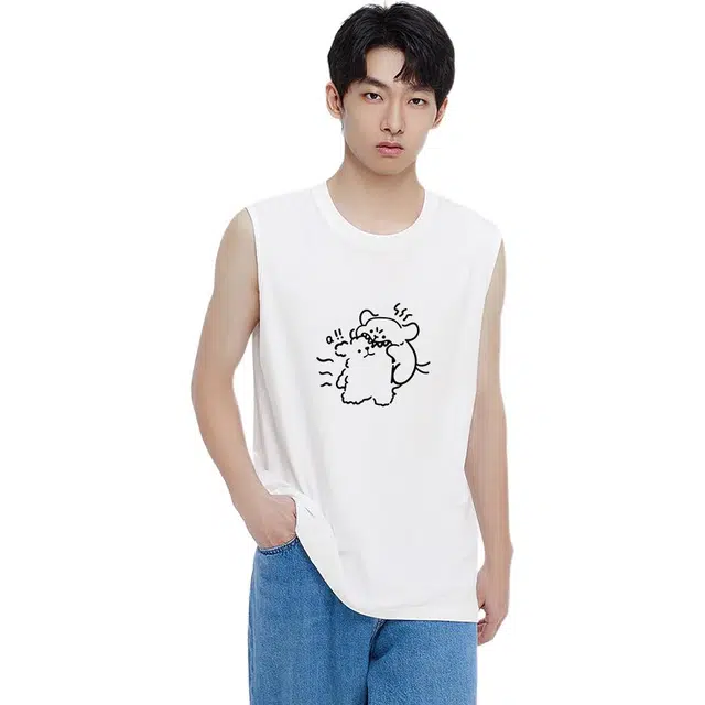 棉的美学 阳光种子系列 纯棉印花小狗无袖圆领宽松型背心 男款